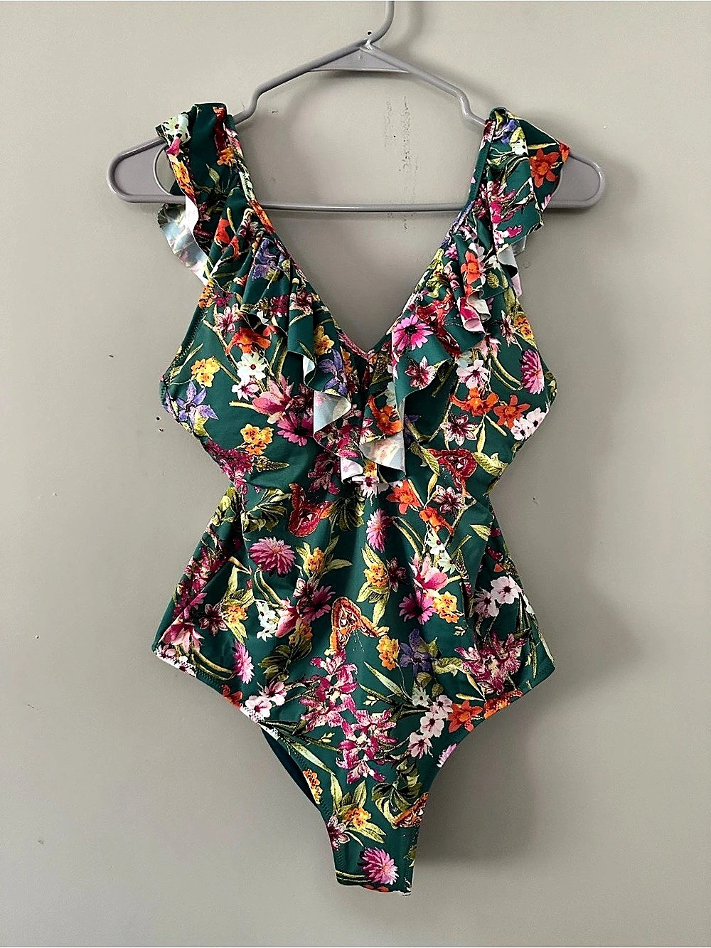 Jessica Simpson Floral One-Piece Swimsuit Green & Pink Large Like New